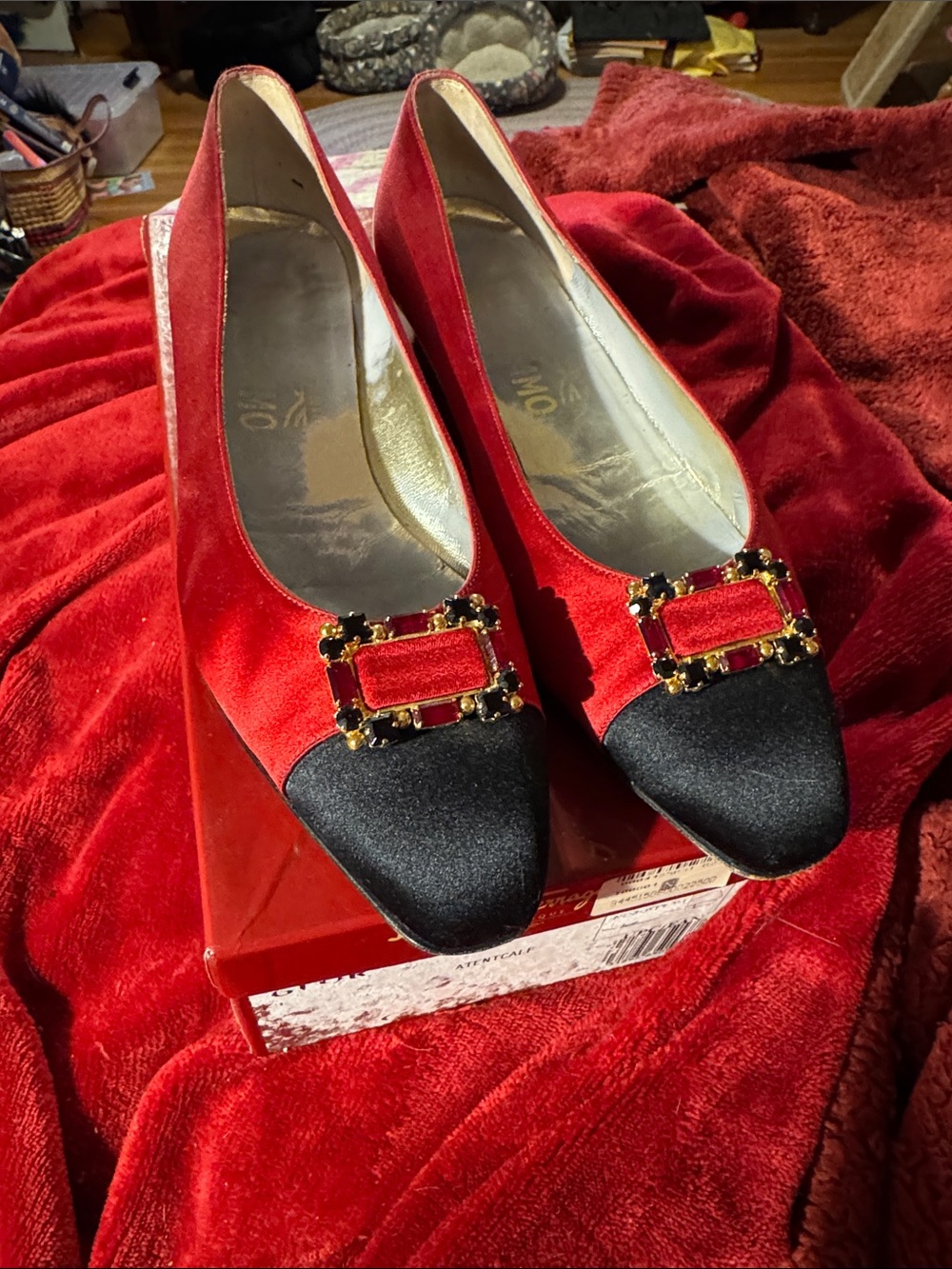 Vintage Salvatore Ferragamo Red and Black Satin Flats With Jeweled Buckle